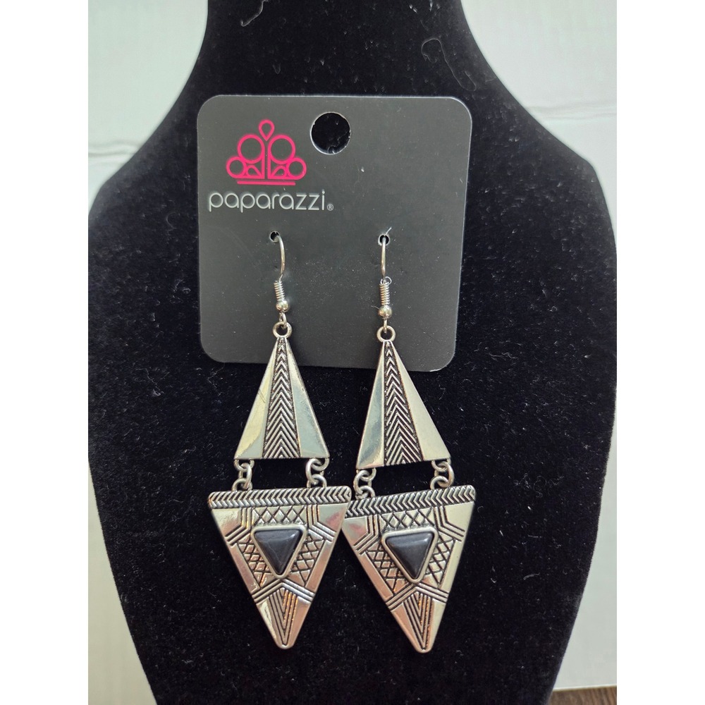 Paparazzi Drop Earrings Womens OS Silver Black Geometric Triangle Tribal Etched